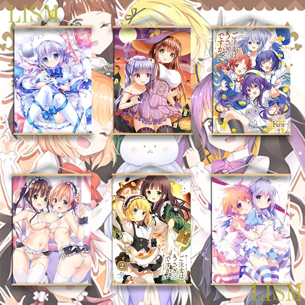 

Gochuumon wa Usagi Desu ka Hoto Kokoa Kafuu Anime manga wall Poster solid wood hanging scroll with canvas painting