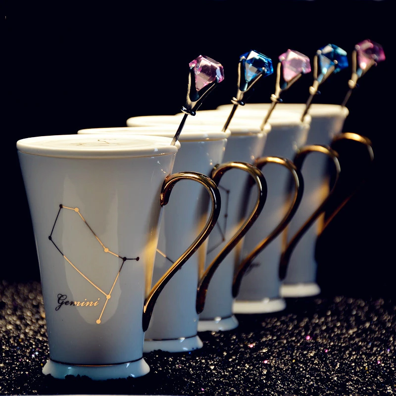 

12 constellation mug exquisite brushed gold decal bone China coffee cup creative with crystal spoon zodiac ceramic cup
