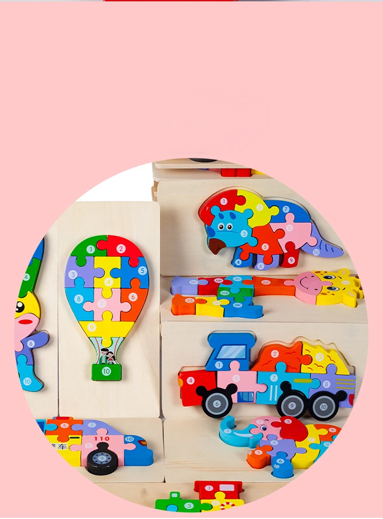 Rectangle Wooden Puzzle for Kids Animals Vehicles Pattern Colorful Wood Numbered Puzzles For Toddlers Learning Educational Toys