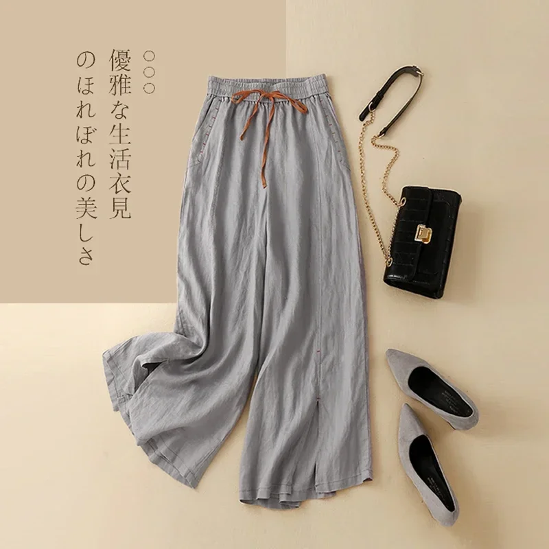 Women's Gray Cotton Linen Wide Leg Pants