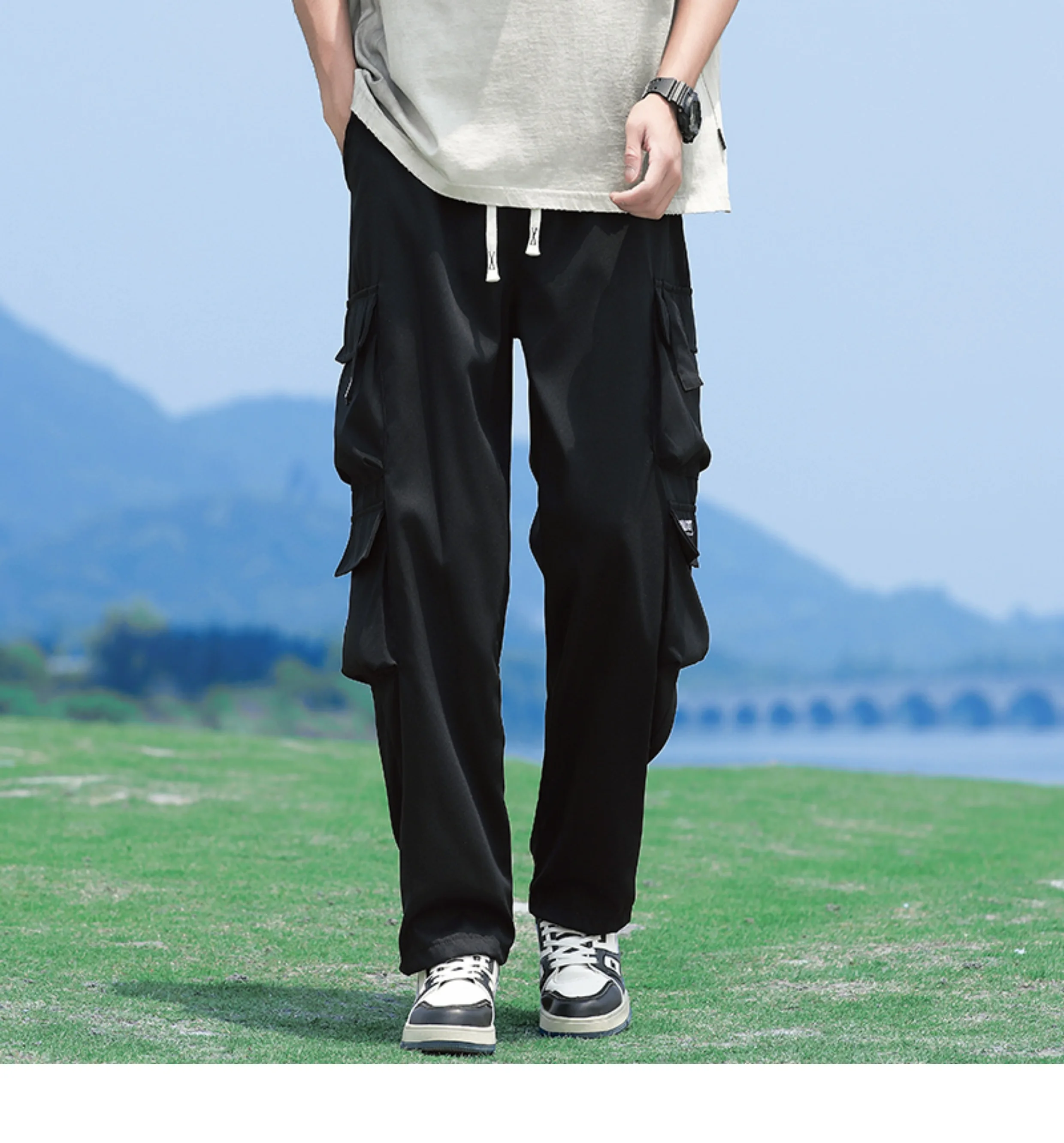 بنطال كارجو عتيق واسع الساق للرجال ، بنطلون مستقيم...