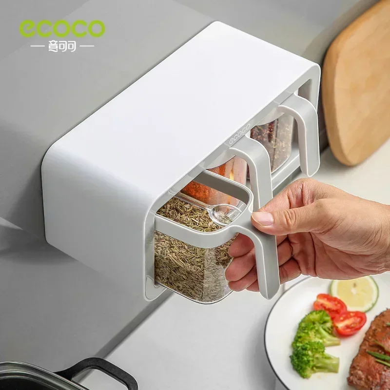 ECOCO Wall Mounted Seasoning Box Spice Storage Rack Seasoning Organizer Kitchen Accessories Salt Jar Shaker Pepper Container 3