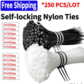 250 ชิ้น Self - locking Cable Tie, ไนลอน, ซิปผูกพลาสติกสีขาว/สีดํา Strong Snap ทนอุณหภูมิสูง Twine Tie Wire Tie 1
