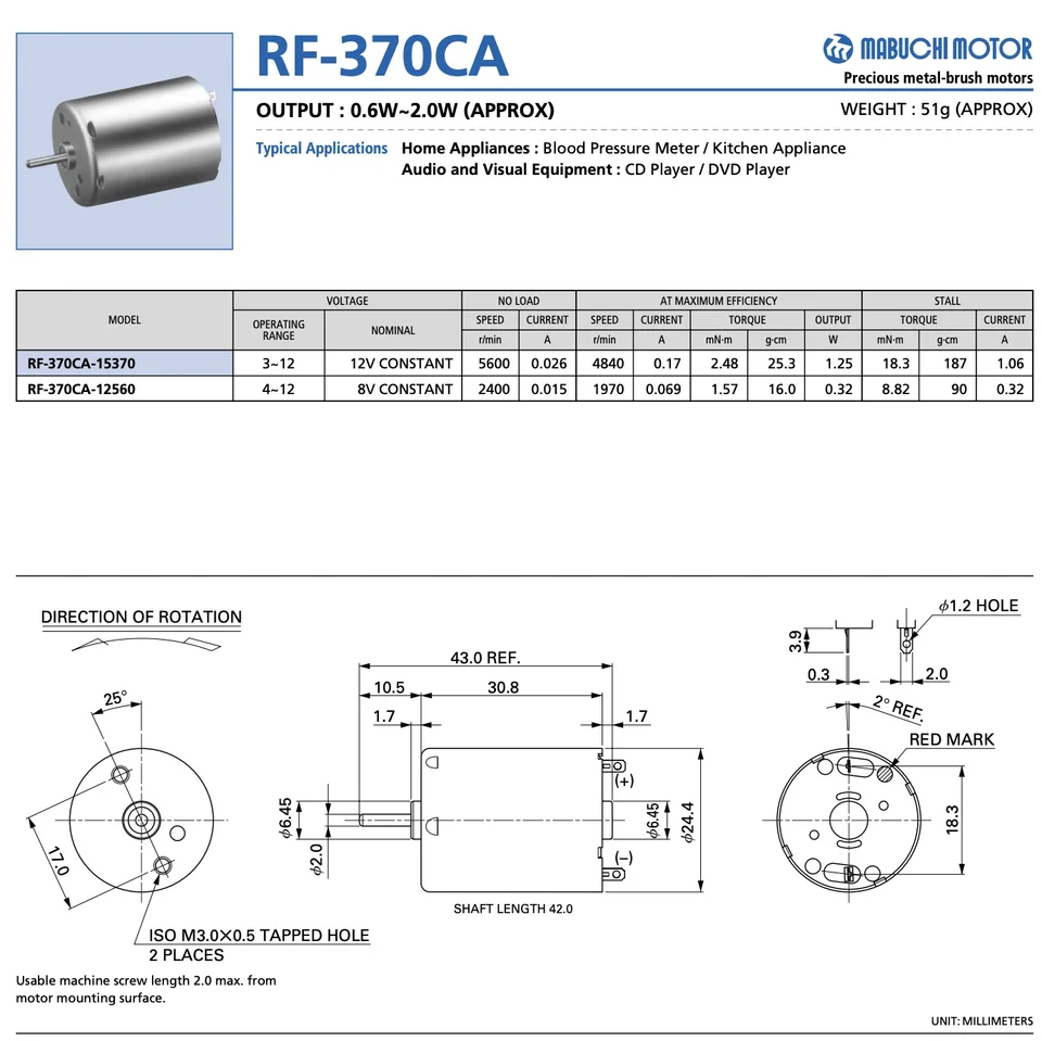 Mabuchi-DIY玩具用マイクロ電動モーター、RF-370CA-17315、dc 6v-12v
