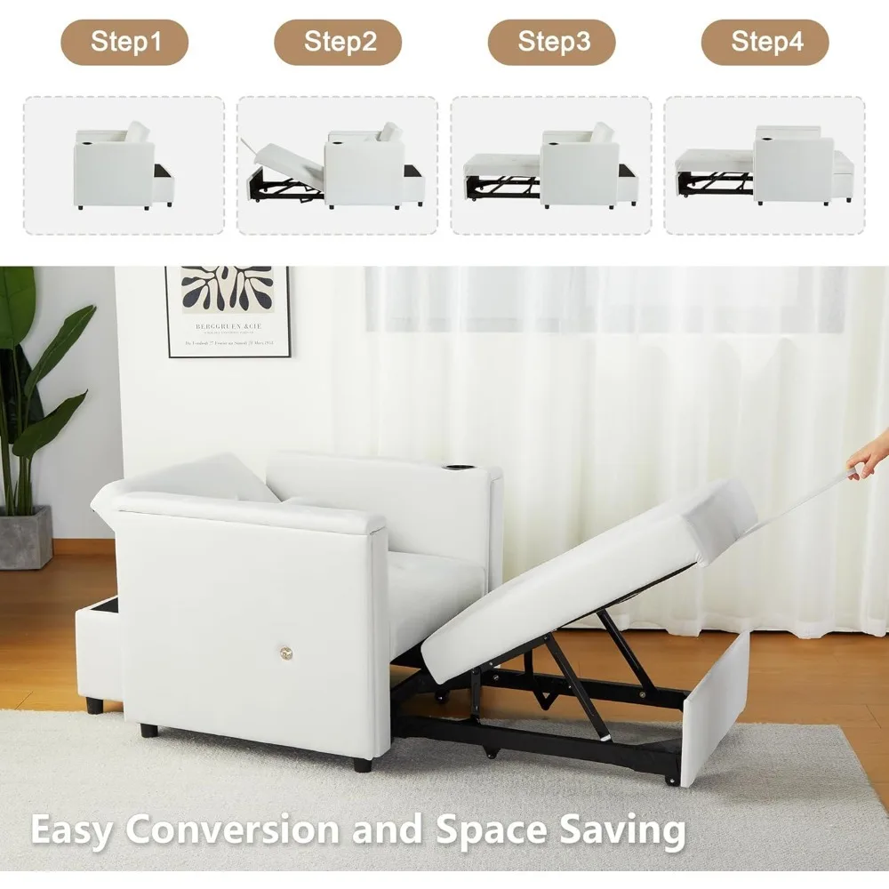 Convertible Chair Bed, 3-in-1 Multi-Functional Velvet Sleeper Sofa Pull-Out with Hidden Side Table (White) Children's Sofas 5
