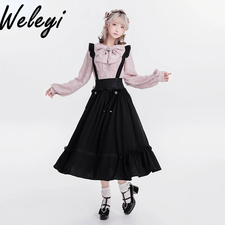 Kawaii Japanese Girls' Strap Skirt 2024 Winter Fashion Sweet Snowflake Lace Black Long Cute Strap Detachable Fashion Skirt snowflake 3d printed casual men s shirt christmas autumn and winter long sleeve lapel ruby top xs 6xl stretch fabric shirt