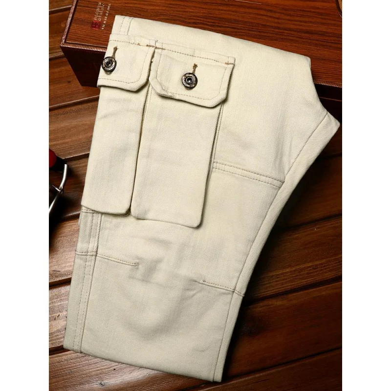 High end trendy jeans for men with multiple pockets slim fit straight leg elastic fashion elastic casual trendy motorcycle pants 5