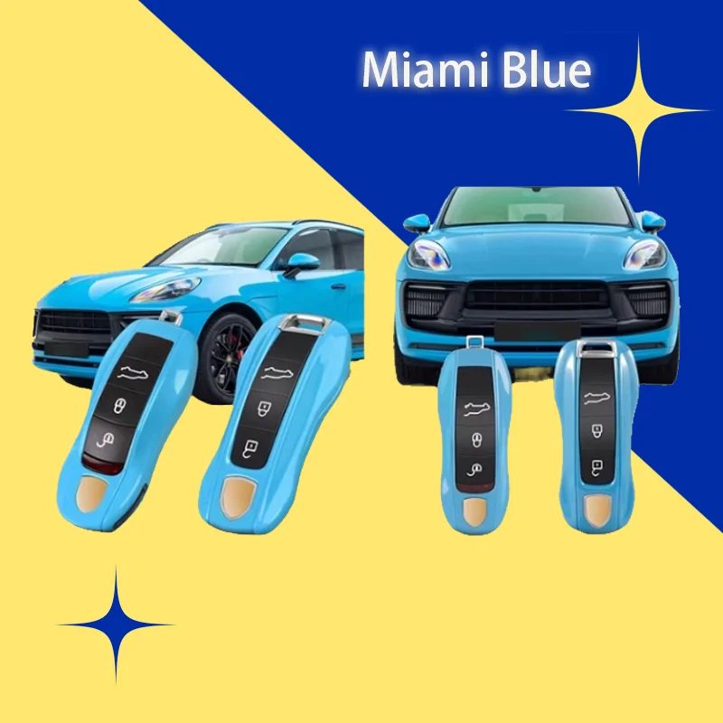 Miami Blue Autoschlüsseletui für Porsche Cayenee Panamera Macan 911 718 Fernbedienung Smart Key Cover 3 4-Tasten-Ersatzanhänger-Zubehör