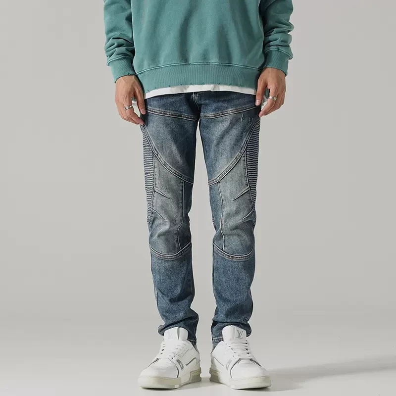 Street Fashion Men Jeans Retro Blue Elastic Slim Fit Spliced Biker Jeans Men Punk Trousers Patched Designer Hip Hop Pants Hombre