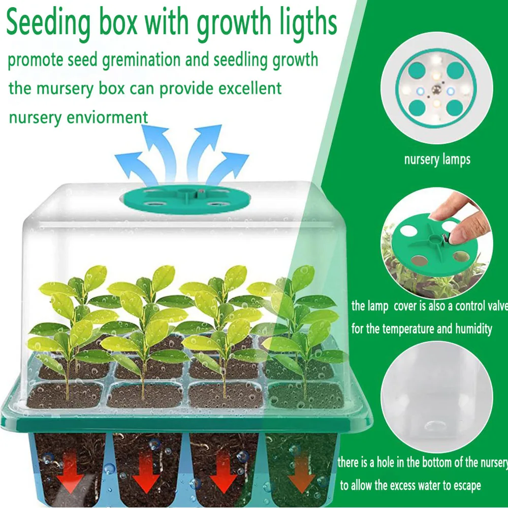 Hydroponic Germination Tray Full Spectrum Seed Starter Tray Kit Grow Light Adjustable Humidity Indoor Gardening Plant Germination Greenhouse Nursery System