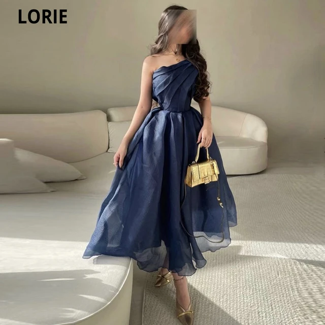 Sexy A line Off The Shoulder Navy Blue Prom Dress With Pleated Long Satin Prom Dresses Party Dress C3297 main image 1