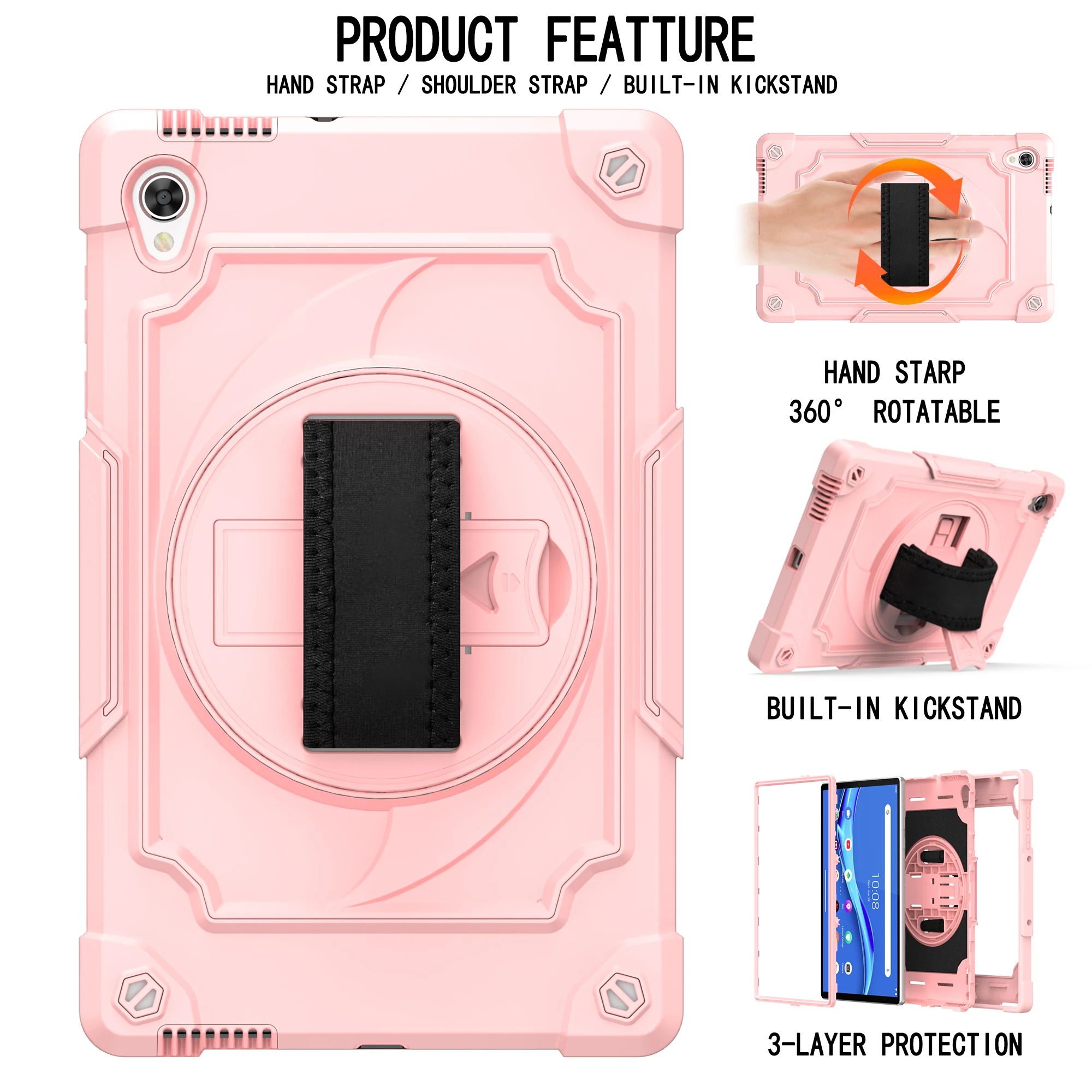 Heavy Duty Shockproof Tablet Case with 360° Rotatable Kickstand, Hand Strap, and Shoulder Strap