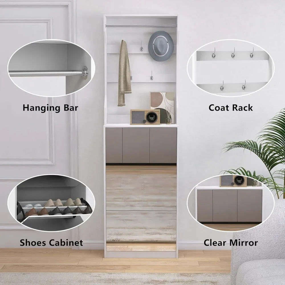 mirror shoe cabinet storage for entryway, mirror shoe rack organizer cabinet with 3 flip drawer, modern shoe storage cabinet wit