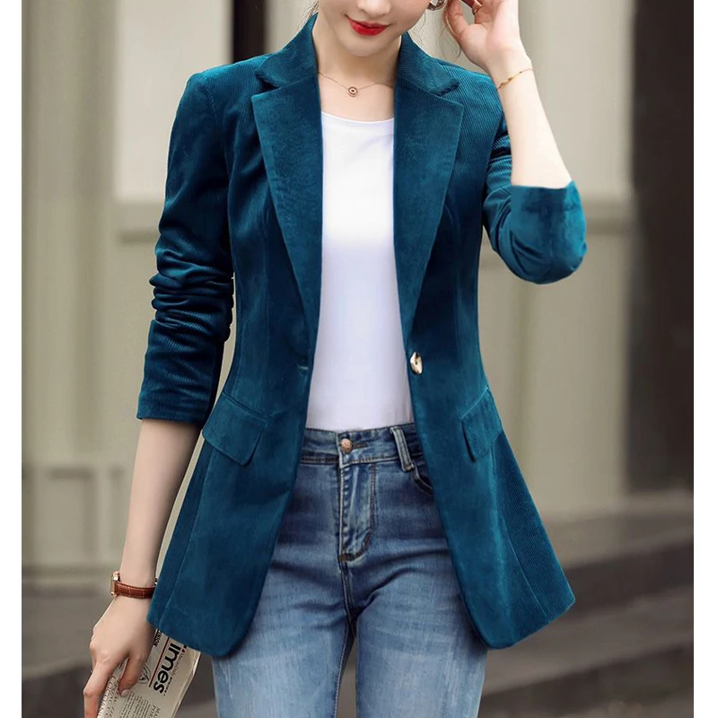 Corduroy Blazer Jackets For Women Business Casual Suit Blazers Long Sleeve Open Front Notched Lapel Collar Coats Black