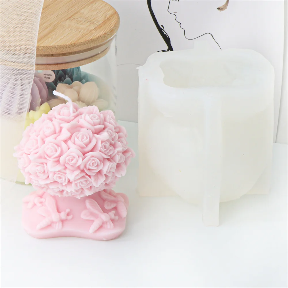 Rose Pillar Candle Mold 3D Flower with Bees Platform Silicone Molds Tulip Lily Hydrangea Bouquet Soy Wax Baking Mold Craft Gift