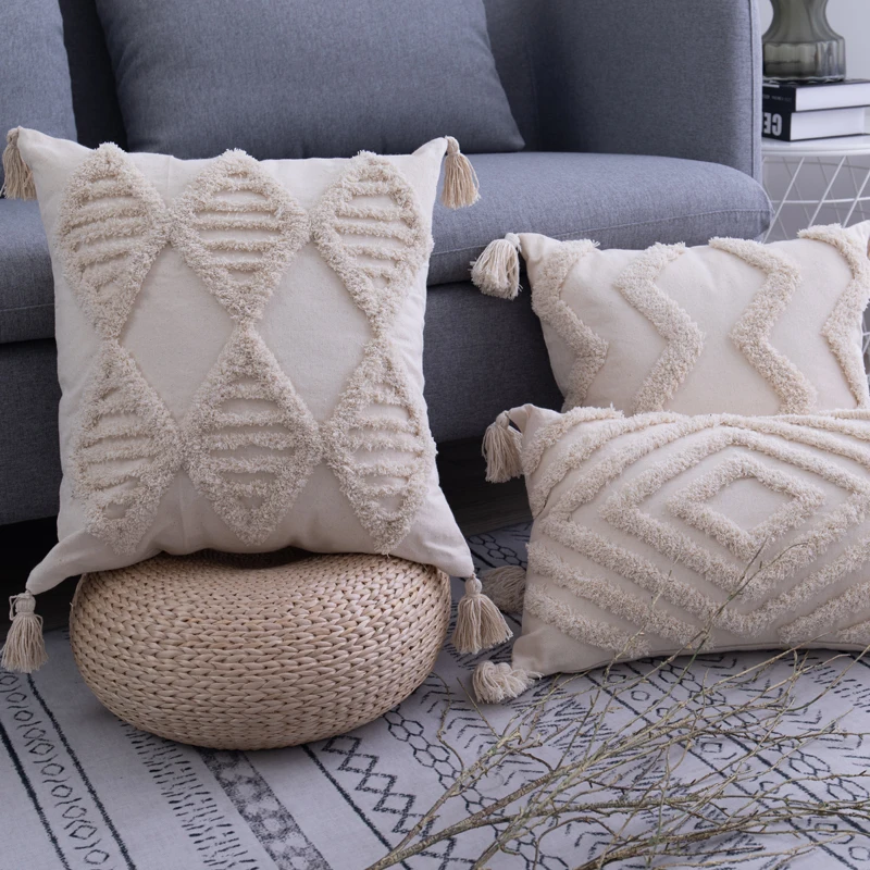 Tassels Cushion Cover 45x45cm/30x50cm Beige Pillowcase Handmade Square Home Decoration for living Room Bed Room Sofa Pillow Case