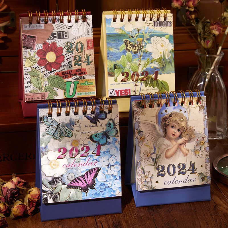 

2024 Time Chapter Series Mini Calendar Vintage Oil Painting Desk Calendars Monthly Daily Schedule Planner Office Supplies