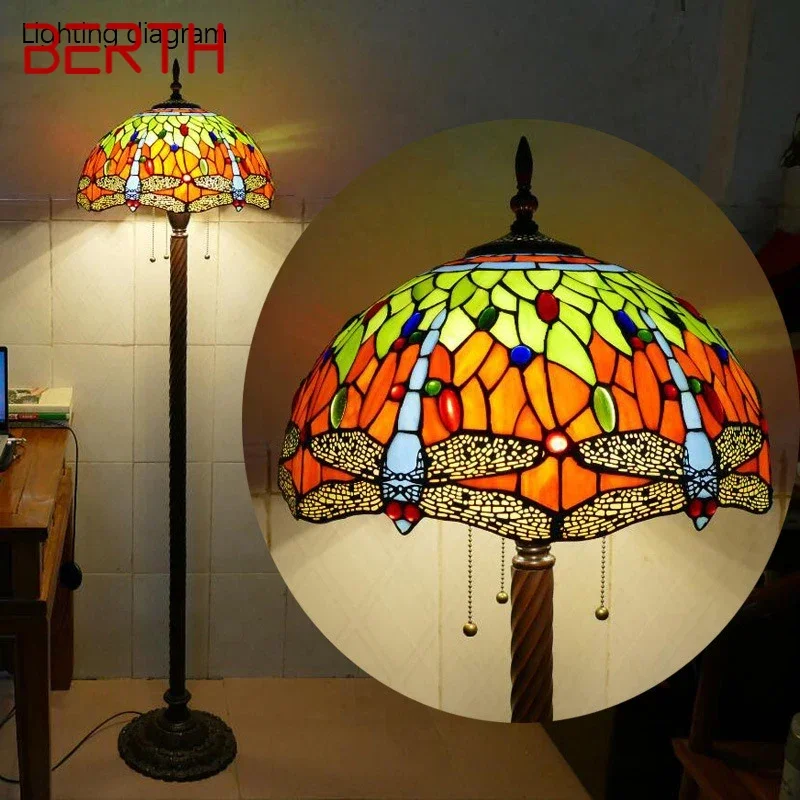 

BERTH Tiffany Floor Lamp American Retro Living Room Bedroom Lamp Country Stained Glass Floor Lamp