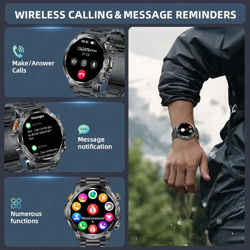 LIGE T-REX3 1000mAh Large Battery Durable Adult Smart Watch GPS Strong Flashlight 10ATM Waterproof BT Call Sports Smartwatch Men