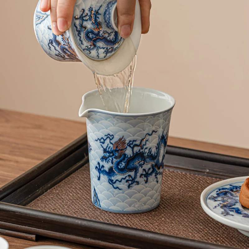 Metal Inlay Blue and White Chinese Dragon Gaiwan Single Ceramic Kungfu Tea Set Tea Making Bowl Tureen