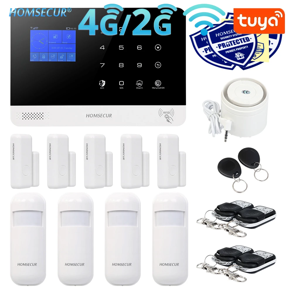 

HOMSECUR Wireless Tuya WIFI 4G GSM RFID SMS Autodial Home Security Alarm System+PIR+5*Door Sensor