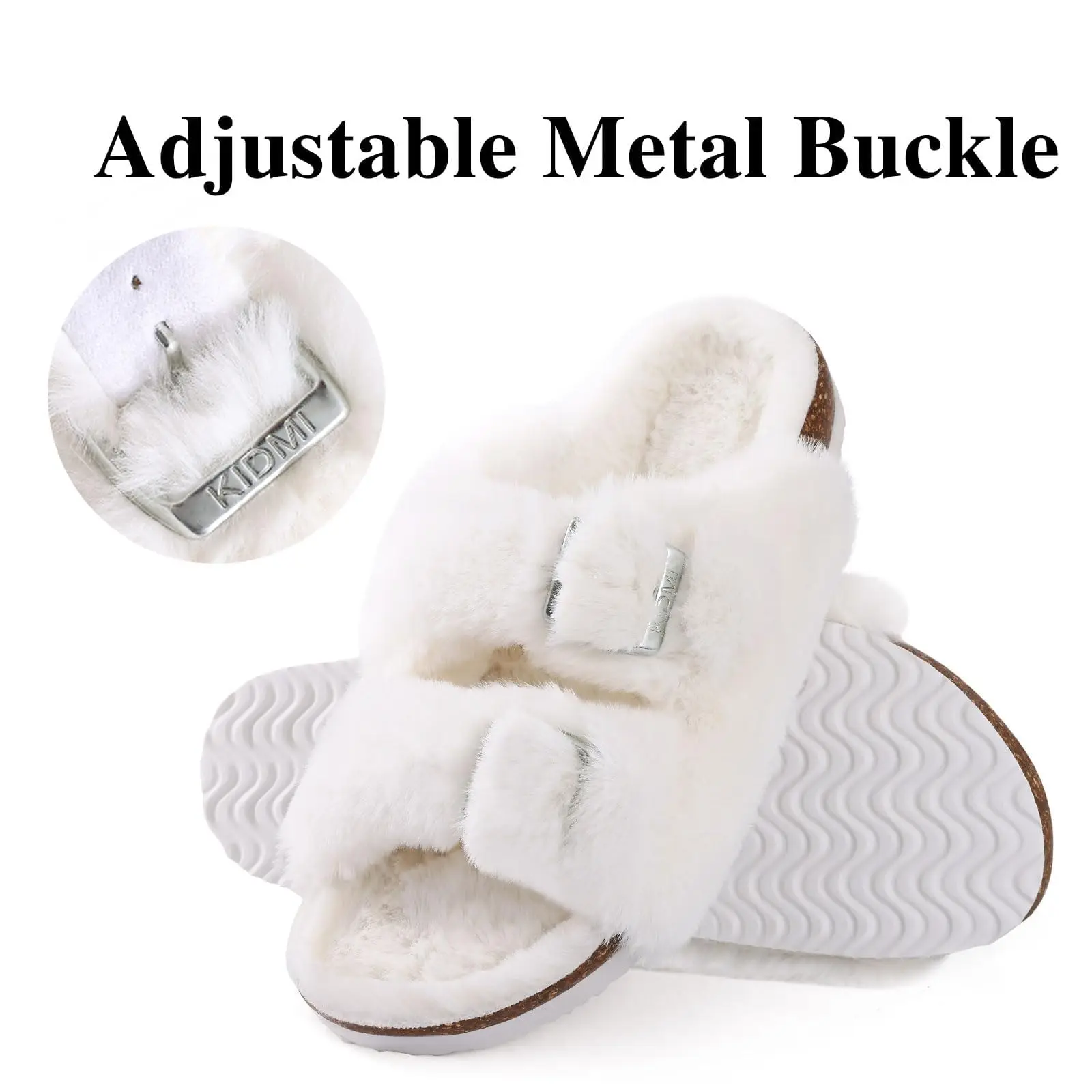 Shevalues Winter-Damenhausschuhe mit verstellbarer Doppelschnalle, Korkfußbett-Slides, gemütliche, flauschige, warme Sandalen mit Fußgewölbeunterstützung – Detail 16