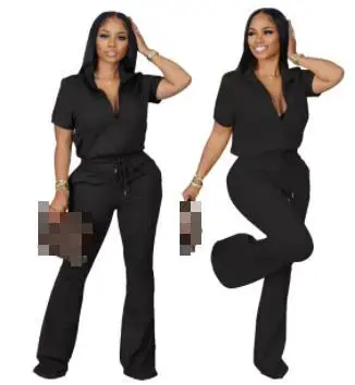 

Женский спортивный костюм с коротким рукавом, однотонный Свободный Повседневный костюм из топа на молнии с широкими штанинами, весна-осень 2023