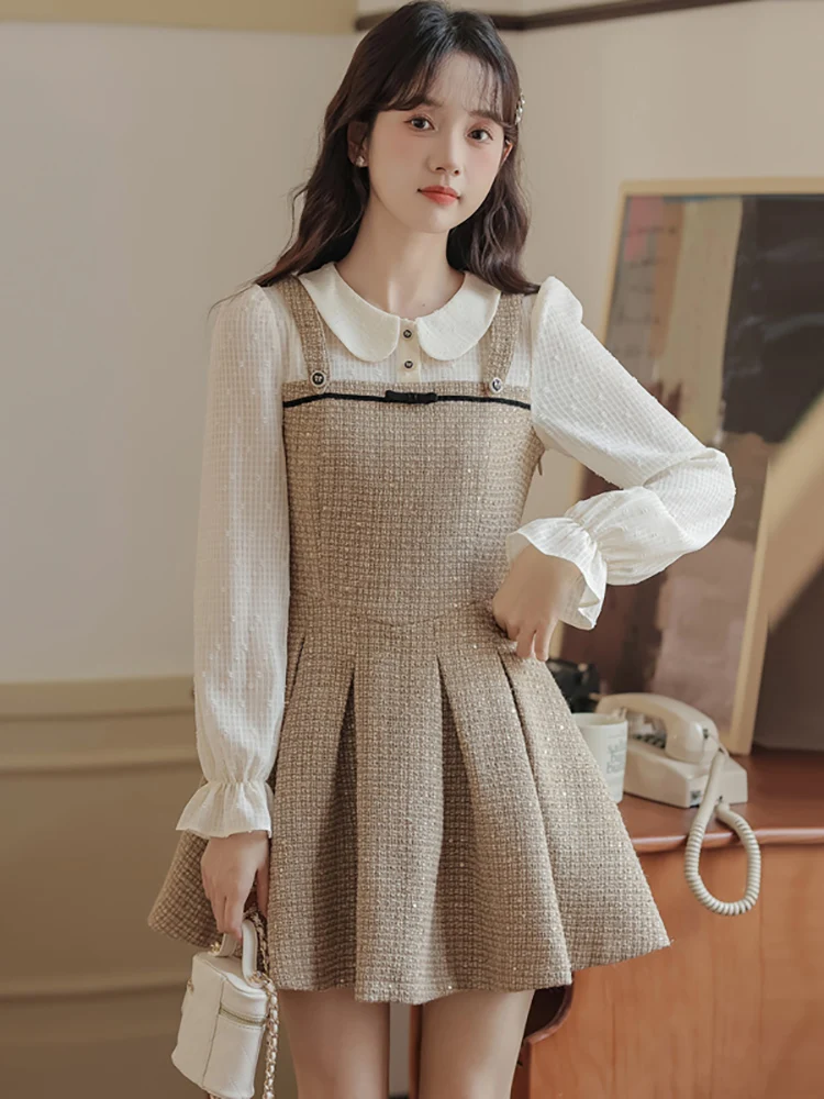 

Women Fashion Tweed Patchwork Fake Two Piece Mini Dress 2023 New Preppy Style A-Line Dress Autumn Winter Korean Elegant Vestidos