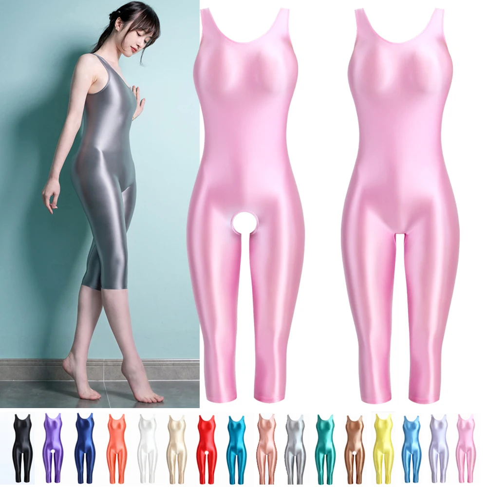 MJINM women's Sexy Shiny Bodysuit Tight-fitting Oil Smooth Running