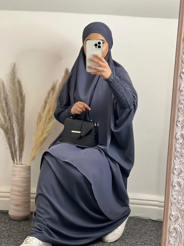 Jilbab for Woman 2 Pieces Set Smocking Sleeve Extra Long Overhead Abaya Long Khimar Skirt Niqab Suit Islam Muslim Prayer Outfit