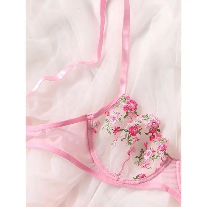 Dolce sexy ricamo floreale vita bassa pizzo trasparente sexy lingerie set biancheria intima di pizzo da donna in 2 pezzi_voghion.com