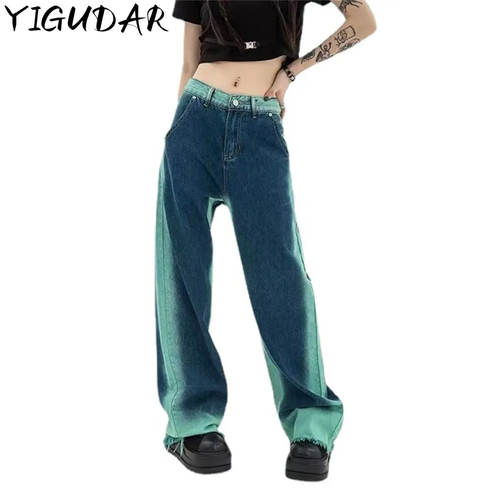 

Vintage Jeans Mid Waist for Women Straight Baggy Pants Chic Design Streetwear Gradient Color Hip Hop Y2K Denim Wide Leg Trouser
