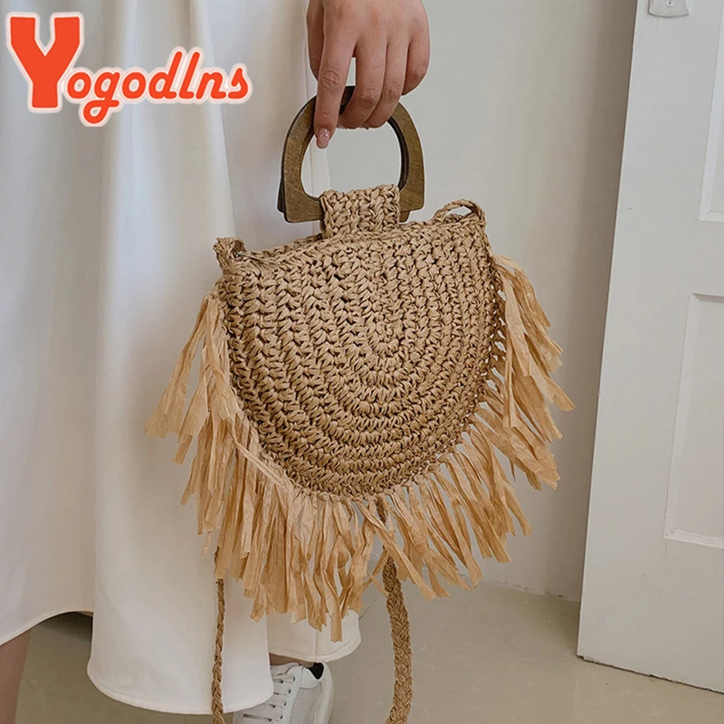 Yogodlns Summer Semicircle Straw Bag Female Tassel Vacation Beach Bag Totes Handmade Woven Girl Shoulder Crossbody Bag Totes