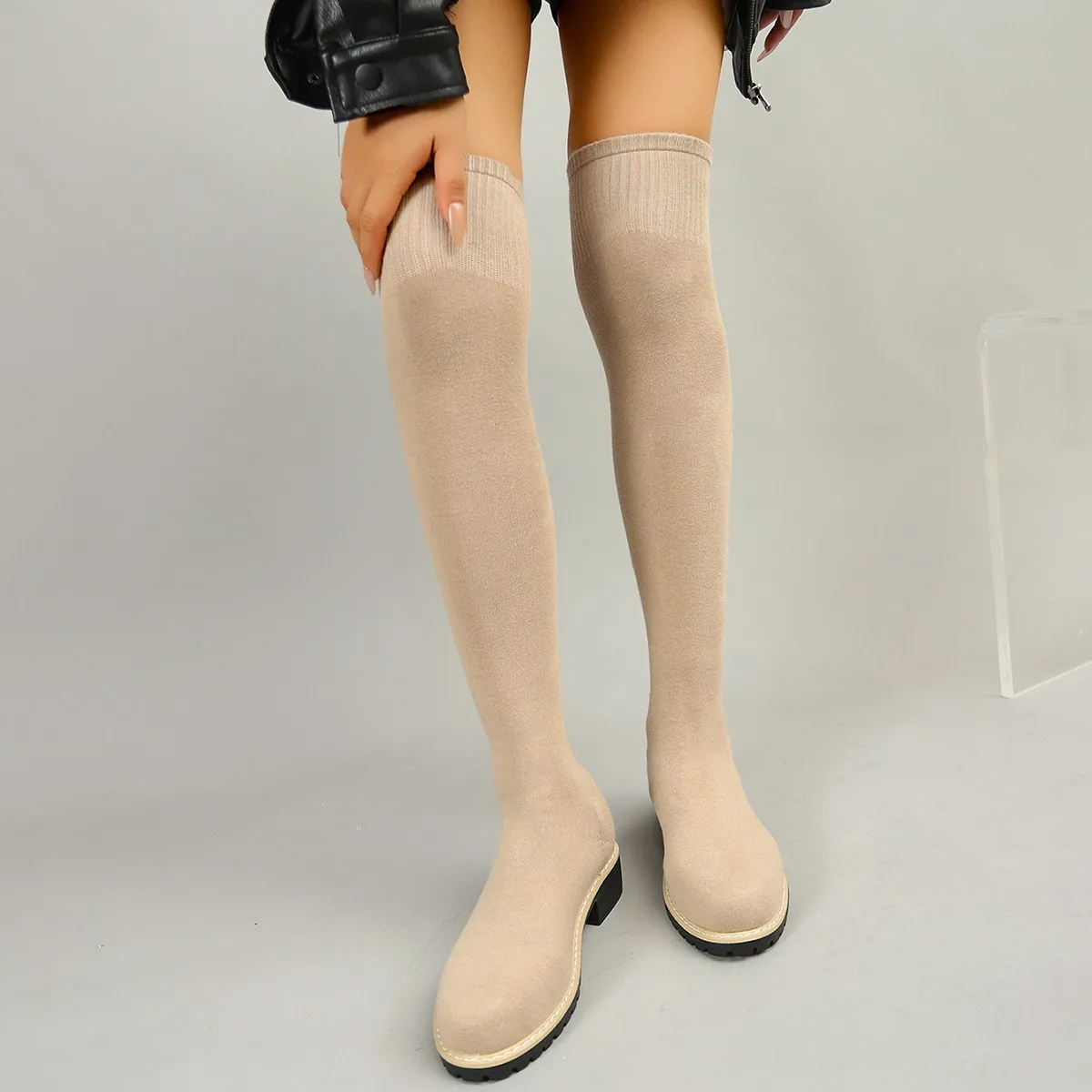 Fashion Chunky Heel Over The Knee Boots Women Plus Size 35-43 Stretch Knitted Sock Boots Woman Non Slip High Heels Long Botas