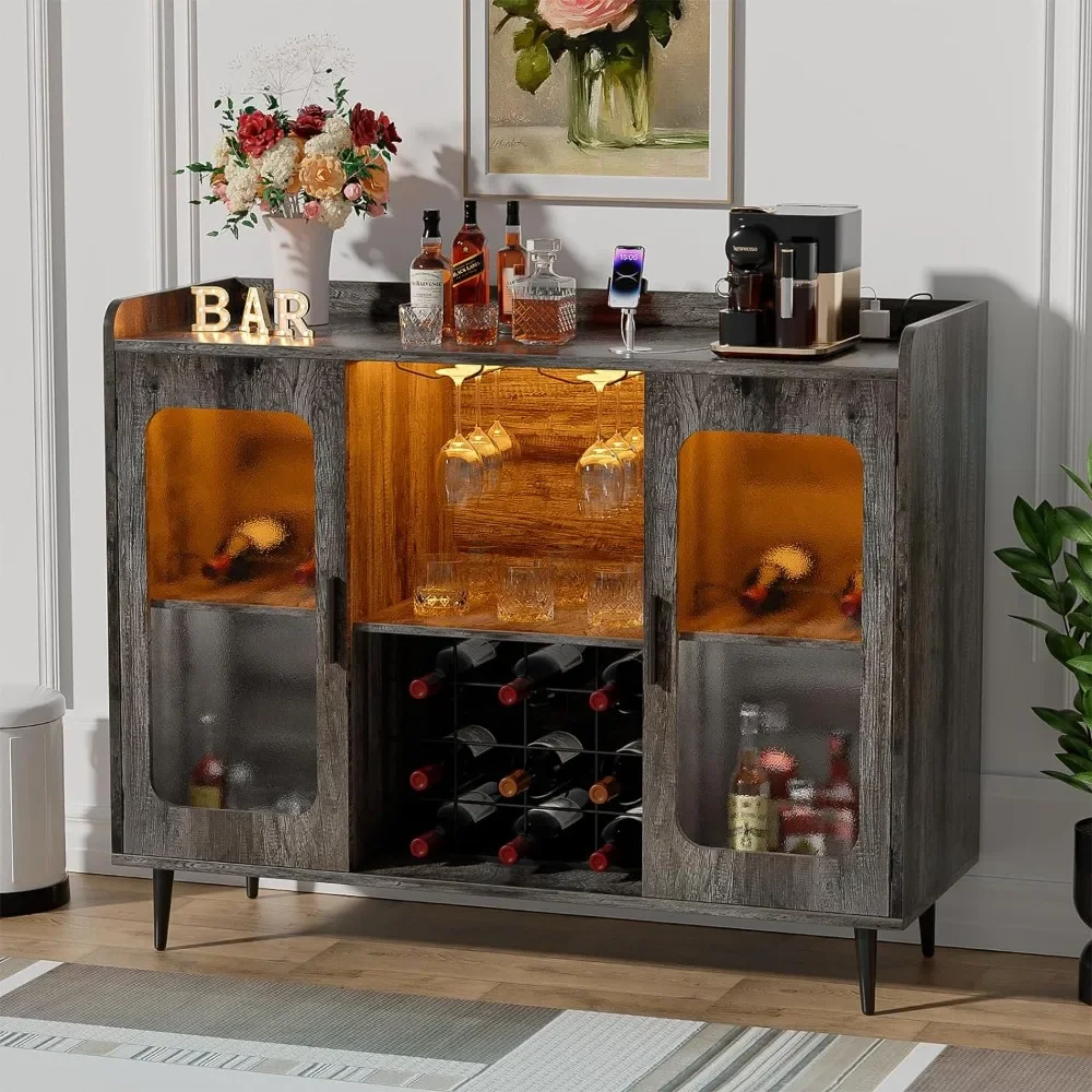 

Wine Cabinets Bar with Power Outlet & LED Light, Home Coffee Bar Cabinet, Buffet Sideboard with Storage shelf for Dining Room
