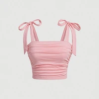Solid Tie Shoulder Ruched Wide Strap Slim Fit Crop Top Women Clothing Summer 2025 Y2K Clothes Pink Backless Camis Top Streetwear