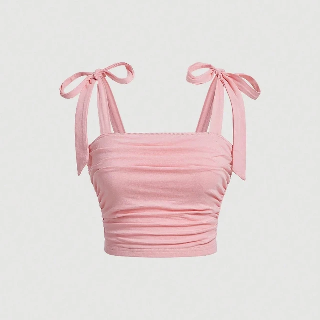 Solid Tie Shoulder Ruched Wide Strap Slim Fit Crop Top Women Clothing Summer 2025 Y2K Clothes Pink Backless Camis Top Streetwear