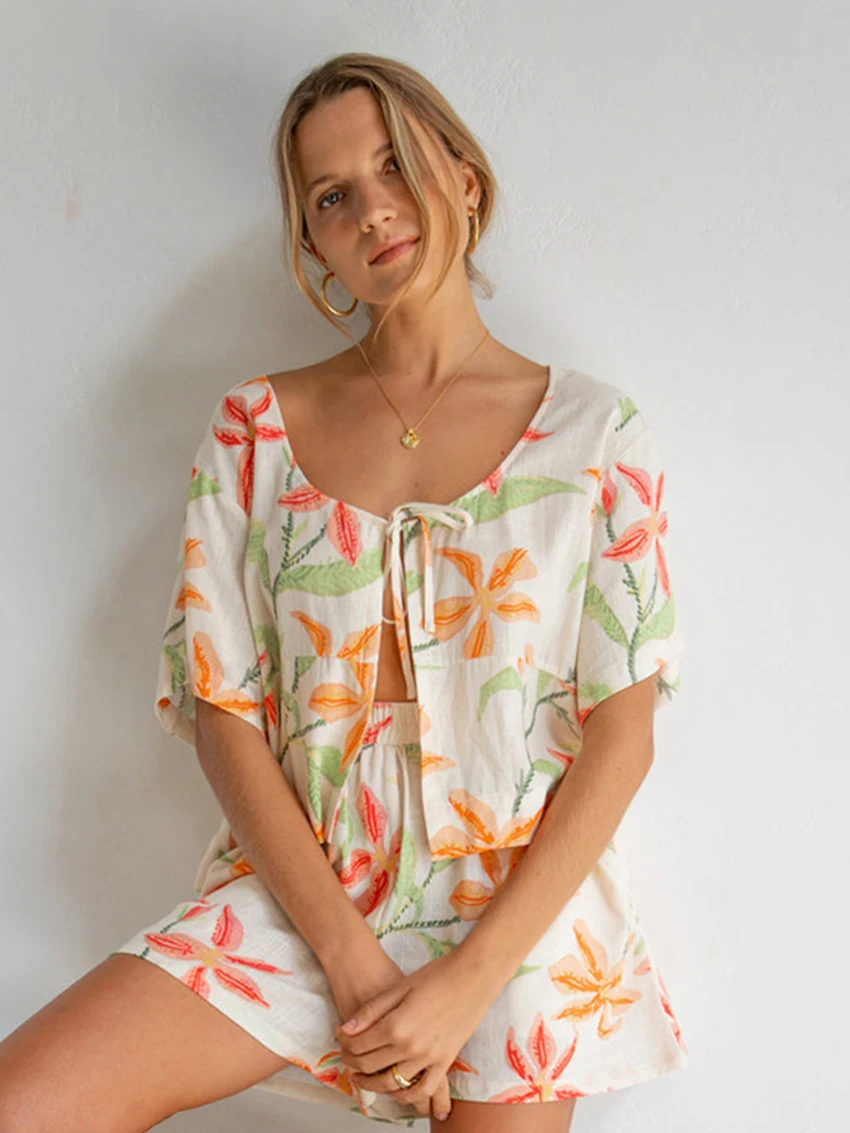 Marthaqiqi Casual Printing Women Nightwear 2 Piece Set O-Neck Pajama Half Sleeve Nightgown Lace Up Sleepwear Shorts Pyjamas Suit