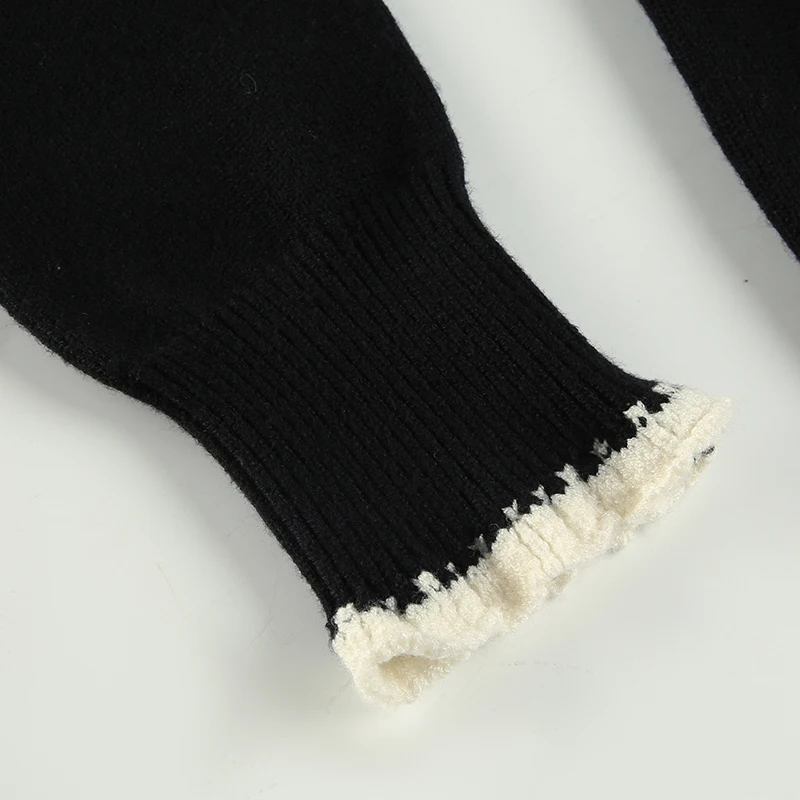 Suéter de punto con ribete de encaje negro para mujer, cárdigan de otoño e invierno, abrigo nuevo, básico, dulce, combinable, a la moda.