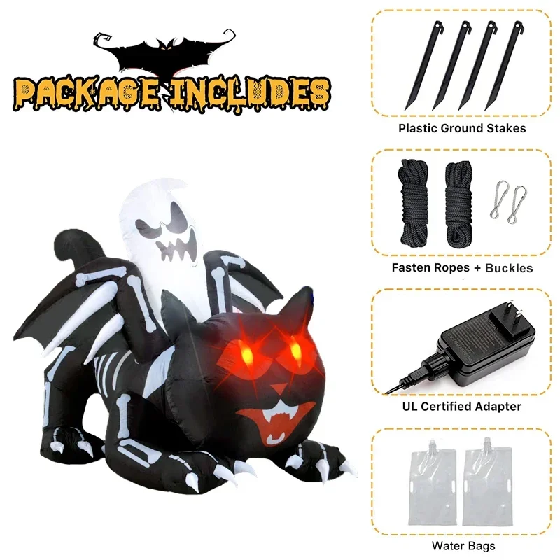 Large Halloween Outdoor Decoration Inflatable Ghost Skeleton Cat with Wings Built-in LED Light for Halloween Holiday Party Decor 4