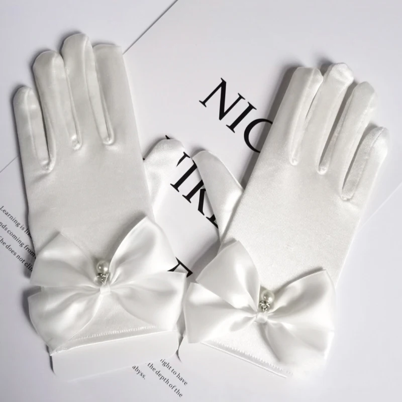 1 Pair Bride Short Gloves Elegant Bow Knot Pearl Pendant for Wedding Opera Dinner Party Elastic Satin Tea Party