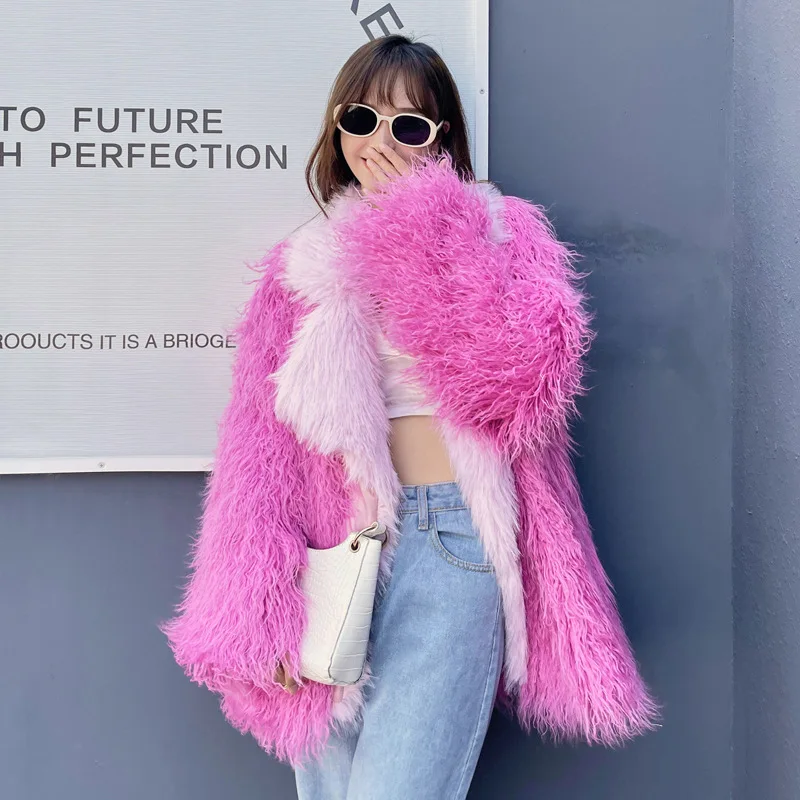 Winter New Women Faux Fur Coat Imitated Tibet Sheep Fur Mid-Length Toka Lapel Outwear Fashion Patchwork Warm Lamb Wool Outcoat