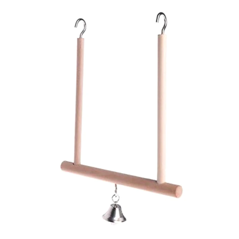 Birds Perch Parrot Play Toys Stand Holder natural Wooden Swing Bell Cage Hanging 4