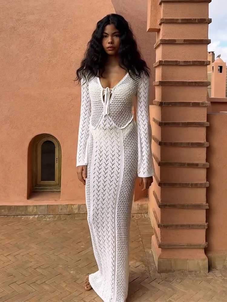 Women Sexy White Knit Swimsuit Cover Up Deep V-neck Tie