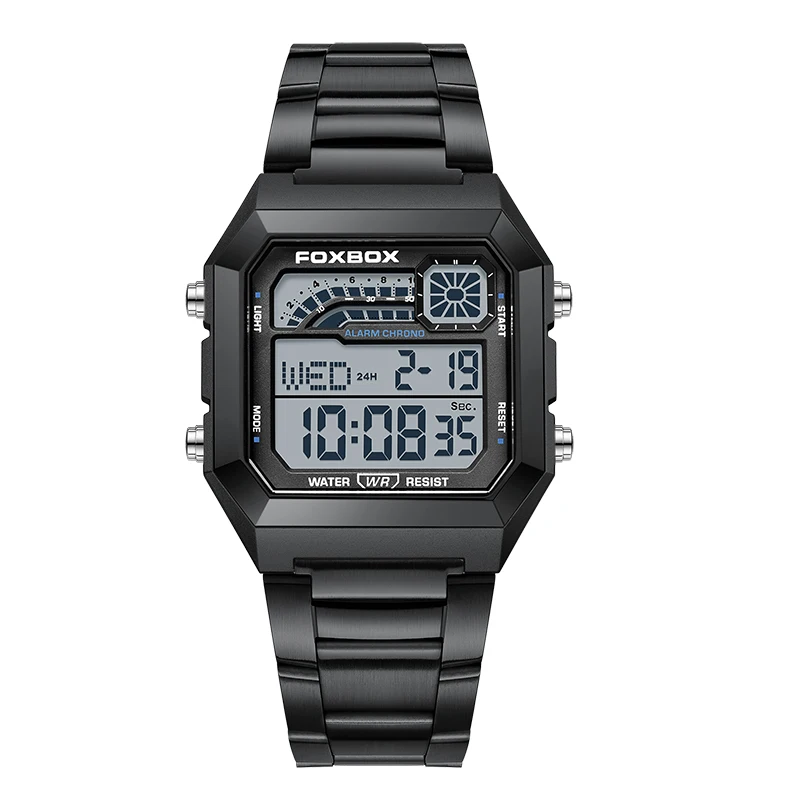 FOXBOX Luxury Square Stainless Steel Waterproof Digital Watch