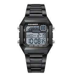 FOXBOX Luxury Square Stainless Steel Waterproof Digital Watch (Black)