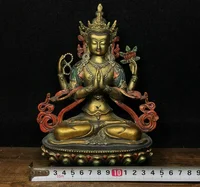 Tibet Buddhism Bronze Brass Louts 4 arms Chenrezig Buddha Statue Sculpture Q 1
