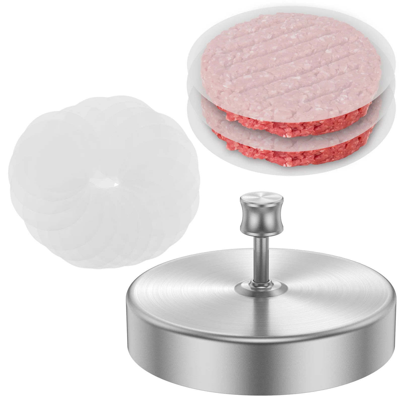 Burger Press with 100 Patty Papers Stainless Steel Hamburger Patty Maker Adjustable Thickness Burger Press Maker Non Stick burger press