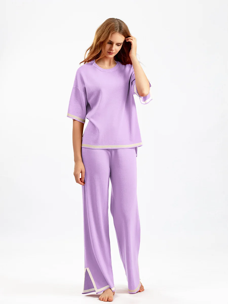 

Casual 2024 spring summer Pullover Two Piece Set Solid Color short leeve pants elegant Retro women female 0 neck Knitwear
