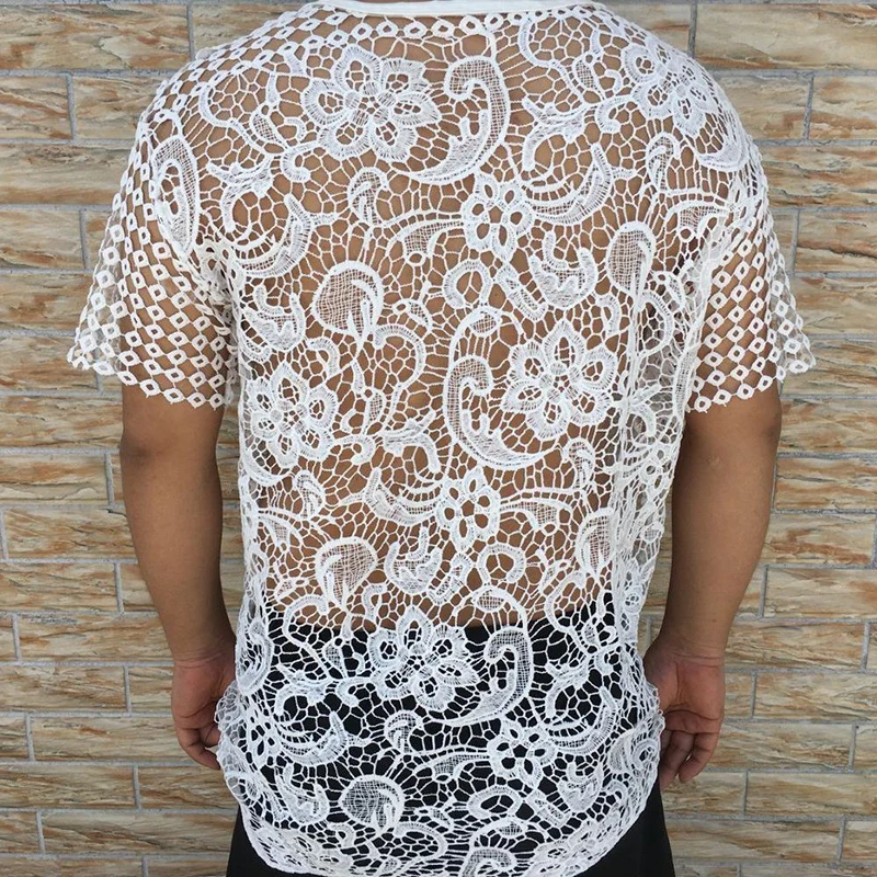 Summer Thin Hollow Out Short Sleeve O Neck Men Pullovers Perspective Street Fashion Punk Casual Harajuku Oversized T Shirt White